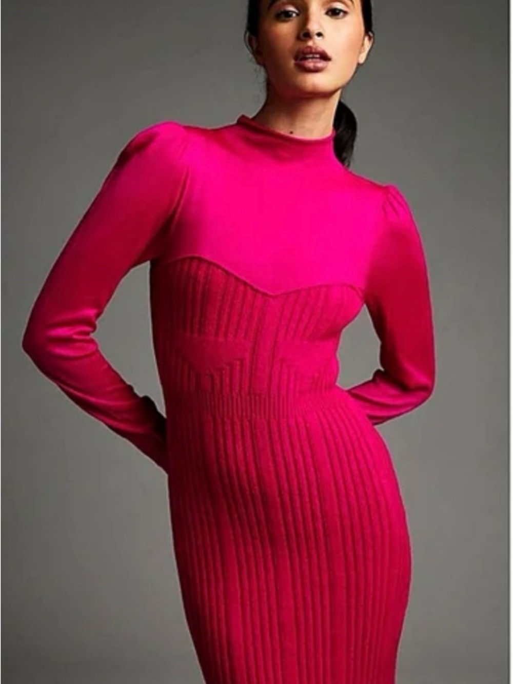 Anthropologie Vibrant Hot Pink Fitted Long-Sleeve Mini Dress